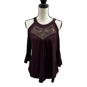 COLD SHOULDER LONG SLEEVE BEADED BLOUSE